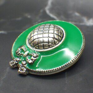 Green Sun Hat Brooch Wide Brim Silver Tone w/Rhinestone Vintage Enamel Lapel Pin